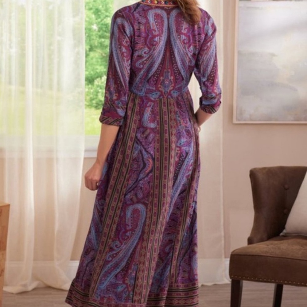 Soft Surroundings Mira Purple Paisley Embroidered Southwest Boho Maxi Dress - Picture 2 of 12